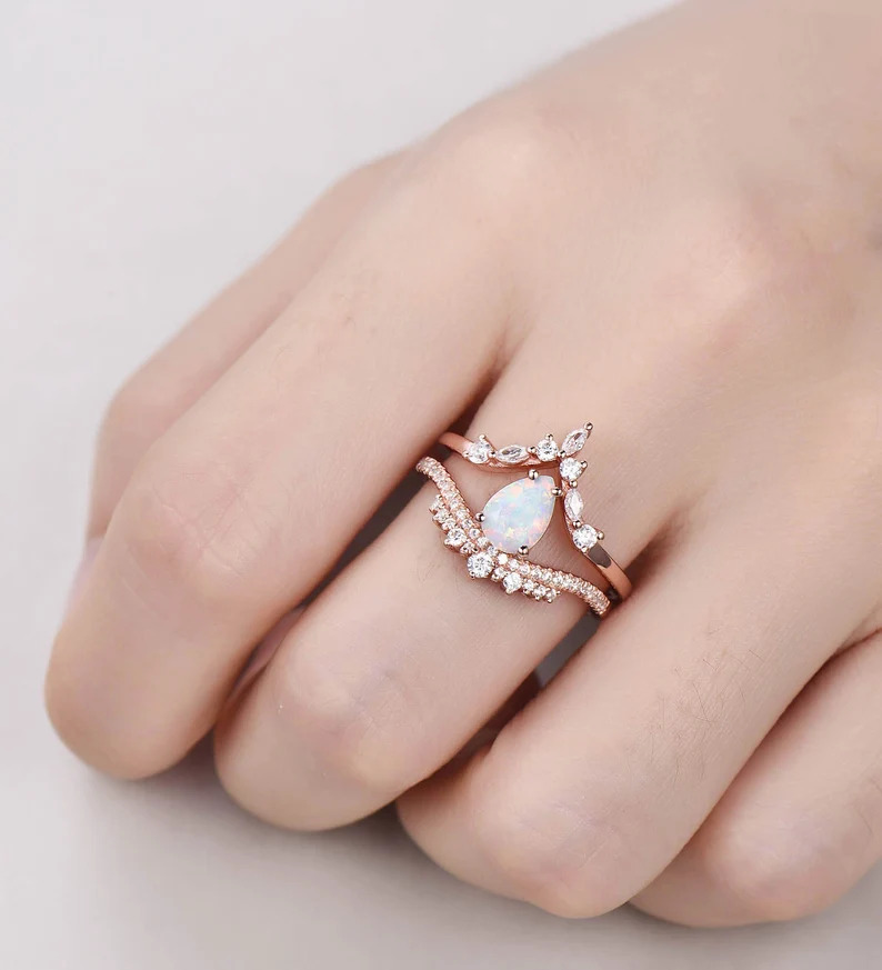 Buy Rose Gold Opal Wedding Ring Set Unique Vintage Bridal Set Pear