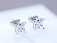 Princess cut earrings, 1.25Ct Moissanite DEF/GHI Diamond, 925 Silver with 14K Gold Over SJ8007