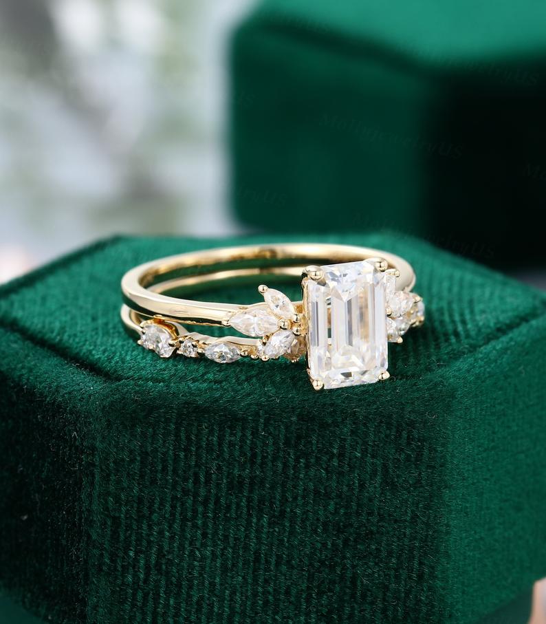 Buy 6 9mm Emerald Cut Moissanite Engagement Ring Set Vintage Yellow