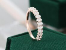 Unique Moissanite wedding band women Oval cut Half eternity band Rose gold wedding band vintage Stacking Matching bridal ring promise ring SJ2687