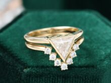 Unique Triangle engagement ring set Simple engagement ring yellow gold Moissanite Minimalist ring Bridal Promise Anniversary ring set SJ2693