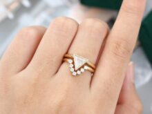 Unique Triangle engagement ring set Simple engagement ring yellow gold Moissanite Minimalist ring Bridal Promise Anniversary ring set SJ2693