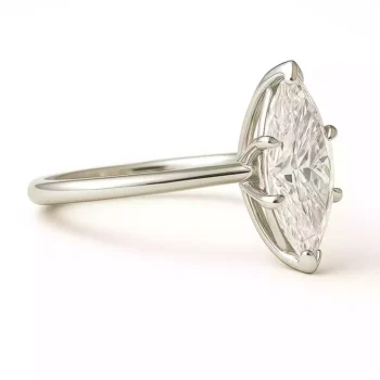 Side profile of marquise cut solitaire lab diamond ring in sleek white gold band
