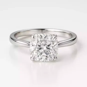 Cushion cut lab-grown diamond solitaire ring in white gold – front angle view