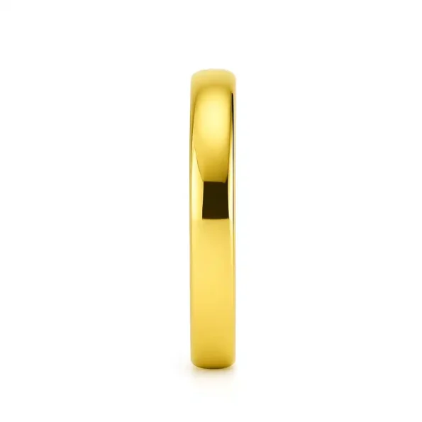 Side view of polished 14K gold wedding band with rounded comfort fit design