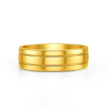 Front view of 14K yellow gold men's wedding band with double groove detailing – classic and modern design