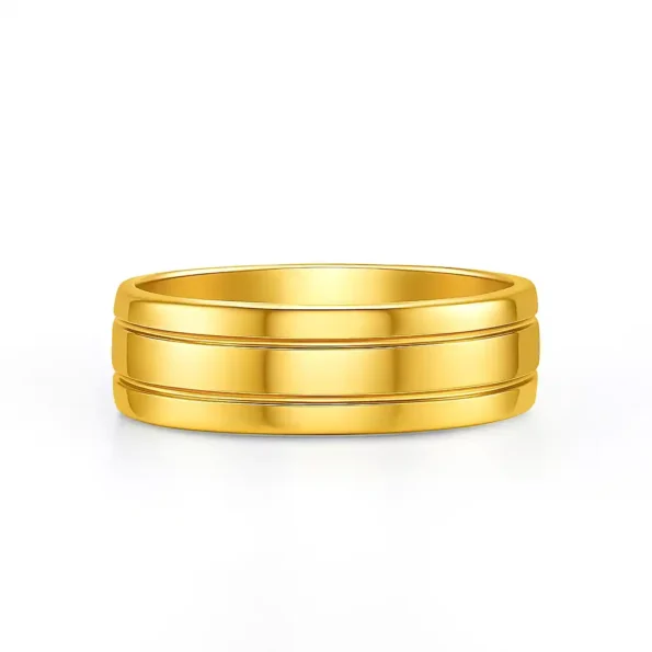 Front view of 14K yellow gold men's wedding band with double groove detailing – classic and modern design