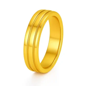 Angled side view of 14K yellow gold men's ring featuring two horizontal grooves – polished finish band