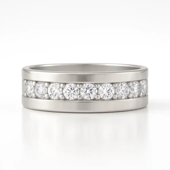 Men's 14K White Gold Wedding Band with Round Lab-Grown Diamonds in Channel Setting - Front View