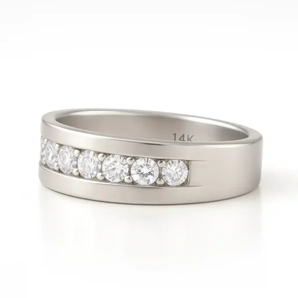 Elegant 14K White Gold Men's Diamond Ring with Lab-Grown Round Stones - Side Profile