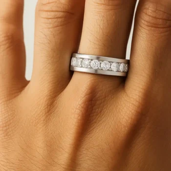 14K White Gold Men's Wedding Band with Lab-Grown Diamonds Worn on Finger - Lifestyle Shot