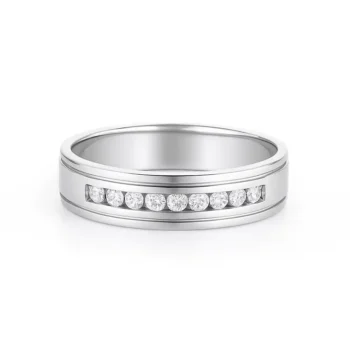 Men's white gold wedding band with channel-set round brilliant diamonds – front view