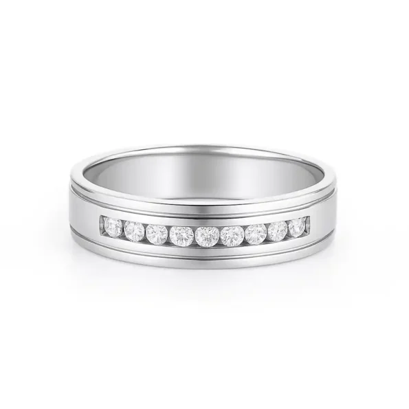 Men's white gold wedding band with channel-set round brilliant diamonds – front view