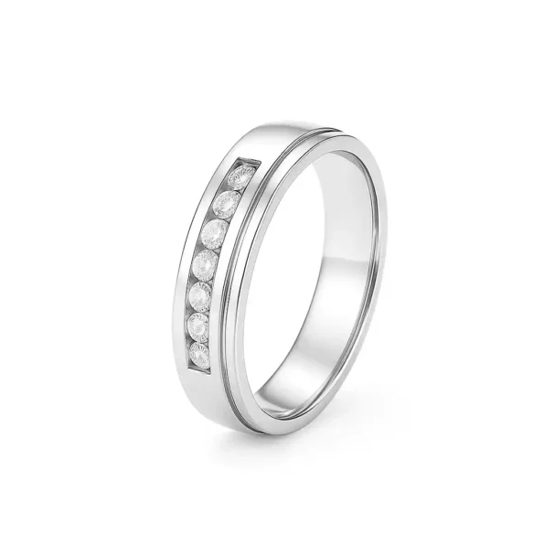 Side profile of polished white gold men's wedding ring with sparkling channel diamonds