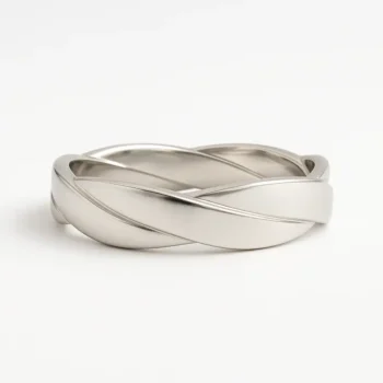 Men's twisted white gold wedding band with a polished crossover design – elegant and modern ring view on white background