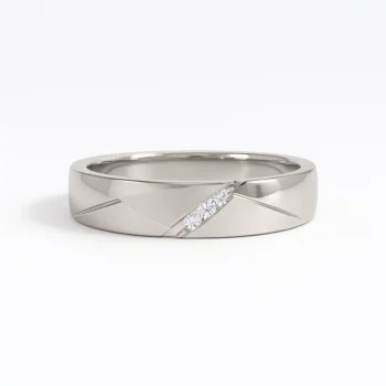 Men's white gold wedding band with brushed finish and three round diamonds set in a diagonal groove, photographed on a white background