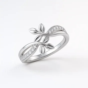 Floral vine-inspired diamond ring in white gold with leaf detailing and pave setting – elegant women's nature-themed jewelry