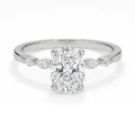 White gold engagement ring with oval cut lab-grown diamond center and marquise side stones