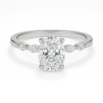 White gold engagement ring with oval cut lab-grown diamond center and marquise side stones