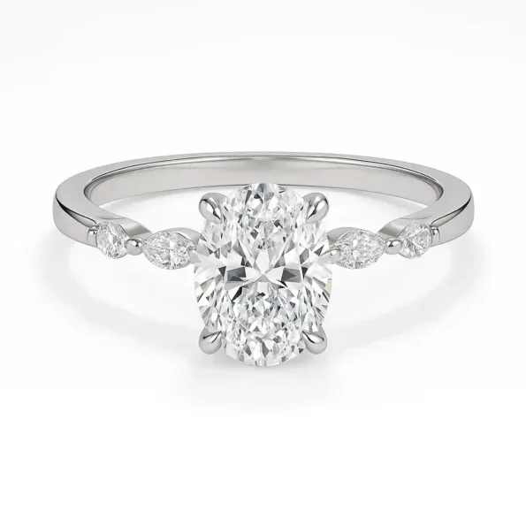 White gold engagement ring with oval cut lab-grown diamond center and marquise side stones