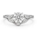 Round cut diamond leaf engagement ring in white gold with nature-inspired band design