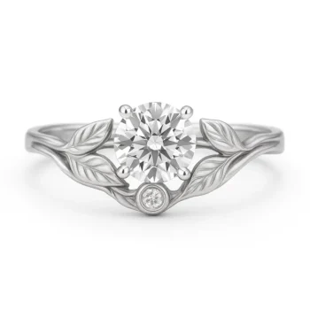 Round cut diamond leaf engagement ring in white gold with nature-inspired band design