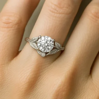 Nature-themed round diamond ring with leaf details worn on finger for scale and fit