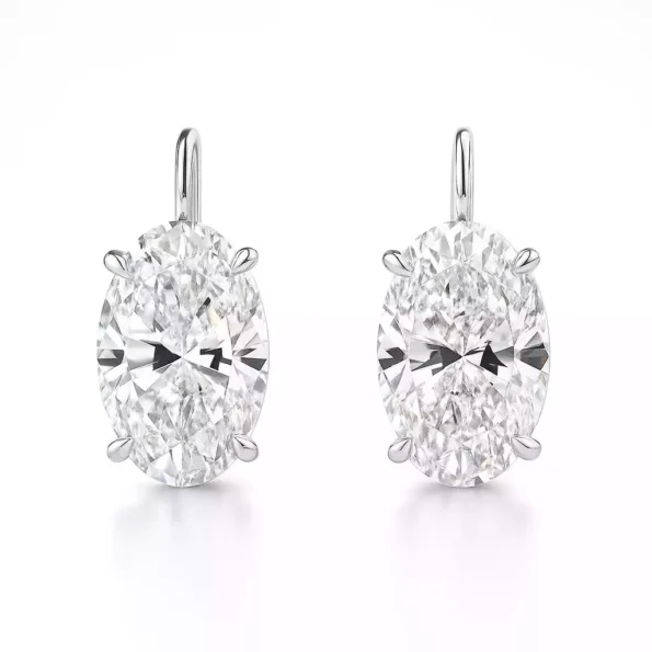 Front view of 3ct oval cut lab-created diamond drop earrings in 4-prong white gold setting – ethical fine jewelry pair