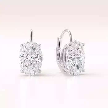 Side and front angle of 3 carat oval lab diamond drop earrings with secure leverback clasp in white gold – luxury handmade earrings