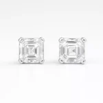 Pair of Asscher cut lab grown diamond stud earrings in white gold – symmetrical square design with step-cut facets