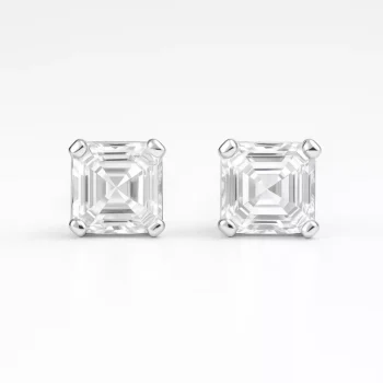 Pair of Asscher cut lab grown diamond stud earrings in white gold – symmetrical square design with step-cut facets
