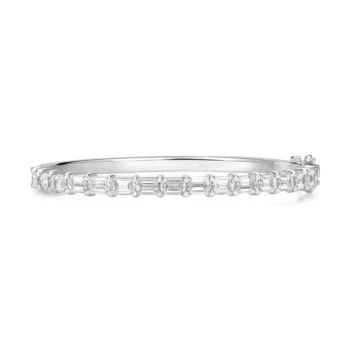 Elegant emerald cut lab diamond bangle bracelet in white gold – front view