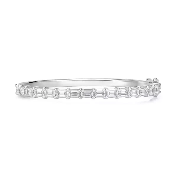 Elegant emerald cut lab diamond bangle bracelet in white gold – front view