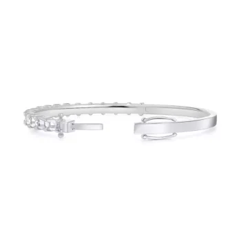 White gold emerald diamond bangle bracelet with secure clasp – side angle open view