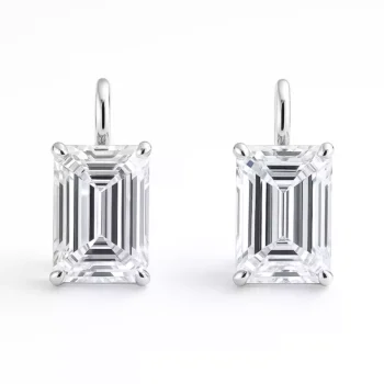 Front view of emerald cut lab-grown diamond drop earrings in white gold with four-prong setting