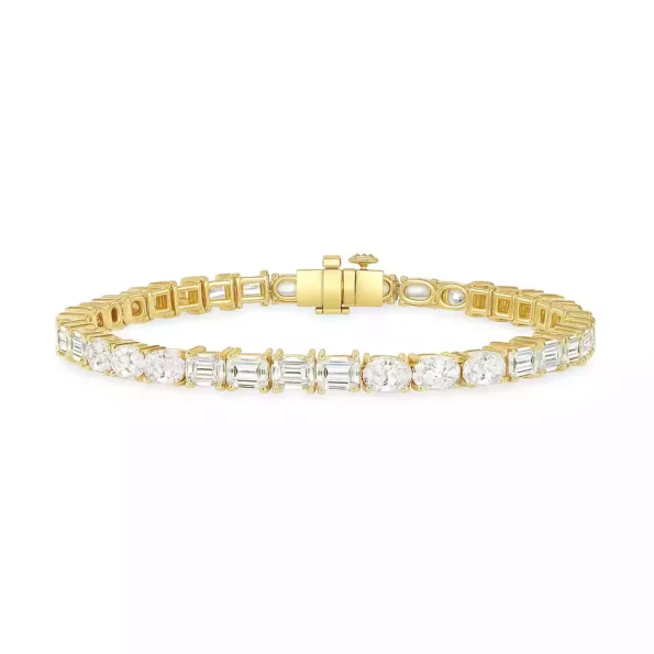 Elegant emerald and oval cut lab-grown diamond tennis bracelet in 18K yellow gold with box clasp