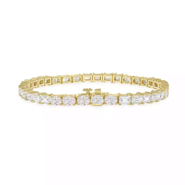 Elegant emerald and oval cut lab-grown diamond tennis bracelet in 18K yellow gold with box clasp