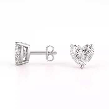 Side and front view of heart-shaped lab diamond stud earrings in 18K white gold prong setting
