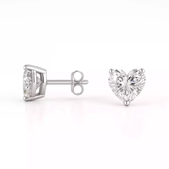 Side and front view of heart-shaped lab diamond stud earrings in 18K white gold prong setting