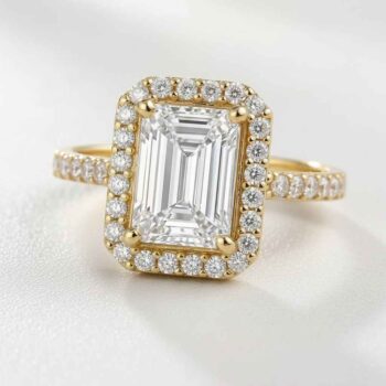 Emerald Cut 3ct EF VS1 Certified CVD Lab Diamond Halo Ring with Diamond Accented Band in 18K White Gold – Elegant Engagement Ring