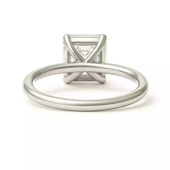 Back view of Asscher cut solitaire diamond ring in white gold with four-prong setting