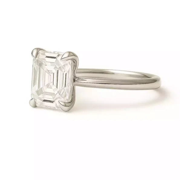Side profile of Asscher cut lab-grown diamond ring in polished white gold band