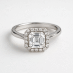 Asscher cut lab-grown diamond halo engagement ring in white gold – front view with pavé diamonds
