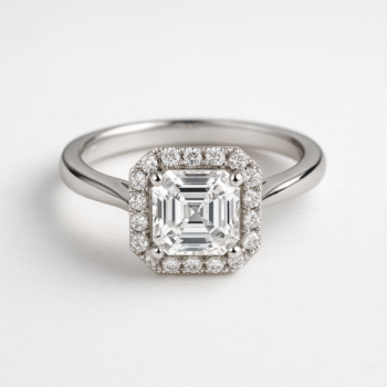Asscher cut lab-grown diamond halo engagement ring in white gold – front view with pavé diamonds