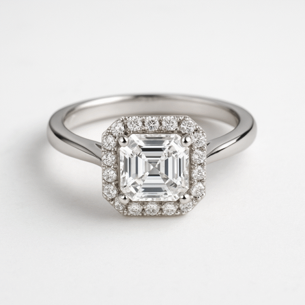 Asscher cut lab-grown diamond halo engagement ring in white gold – front view with pavé diamonds