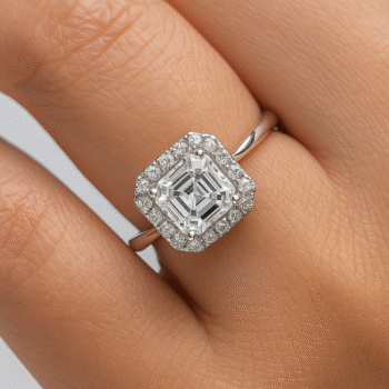 Asscher cut halo lab diamond ring on woman’s hand – vintage-inspired white gold engagement ring