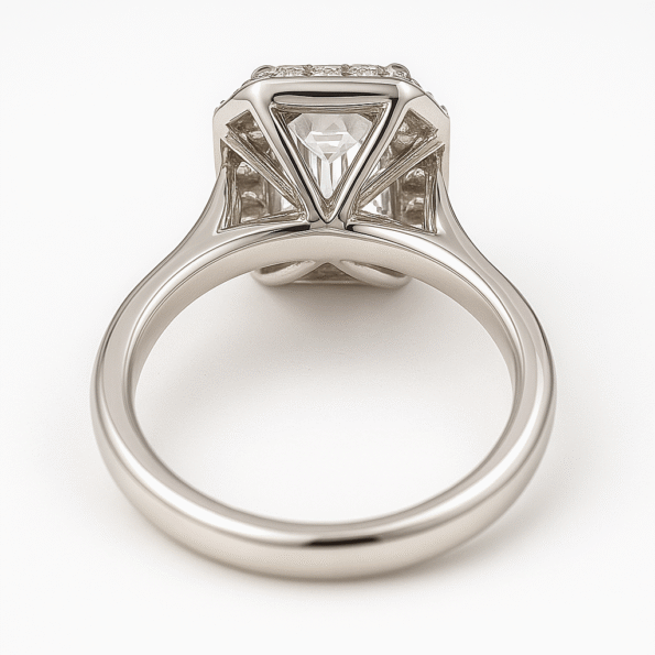 Back view of Asscher cut lab diamond halo ring with white gold setting and open gallery design