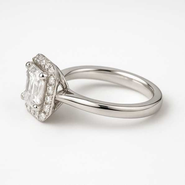 Side profile of Asscher cut lab-grown diamond halo ring in white gold with diamond-accented halo