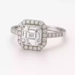 Asscher cut halo diamond engagement ring in white gold with pavé diamond band