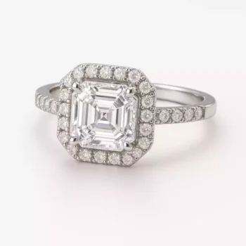 Asscher cut halo diamond engagement ring in white gold with pavé diamond band